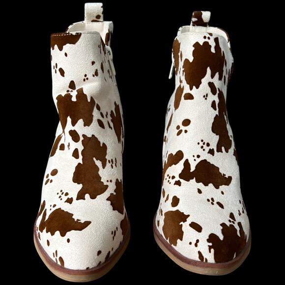MIA Women's Size 6.5 Ivory Brown Cow Print Ankle Boots Heeled Western Boots - Picture 8 of 14